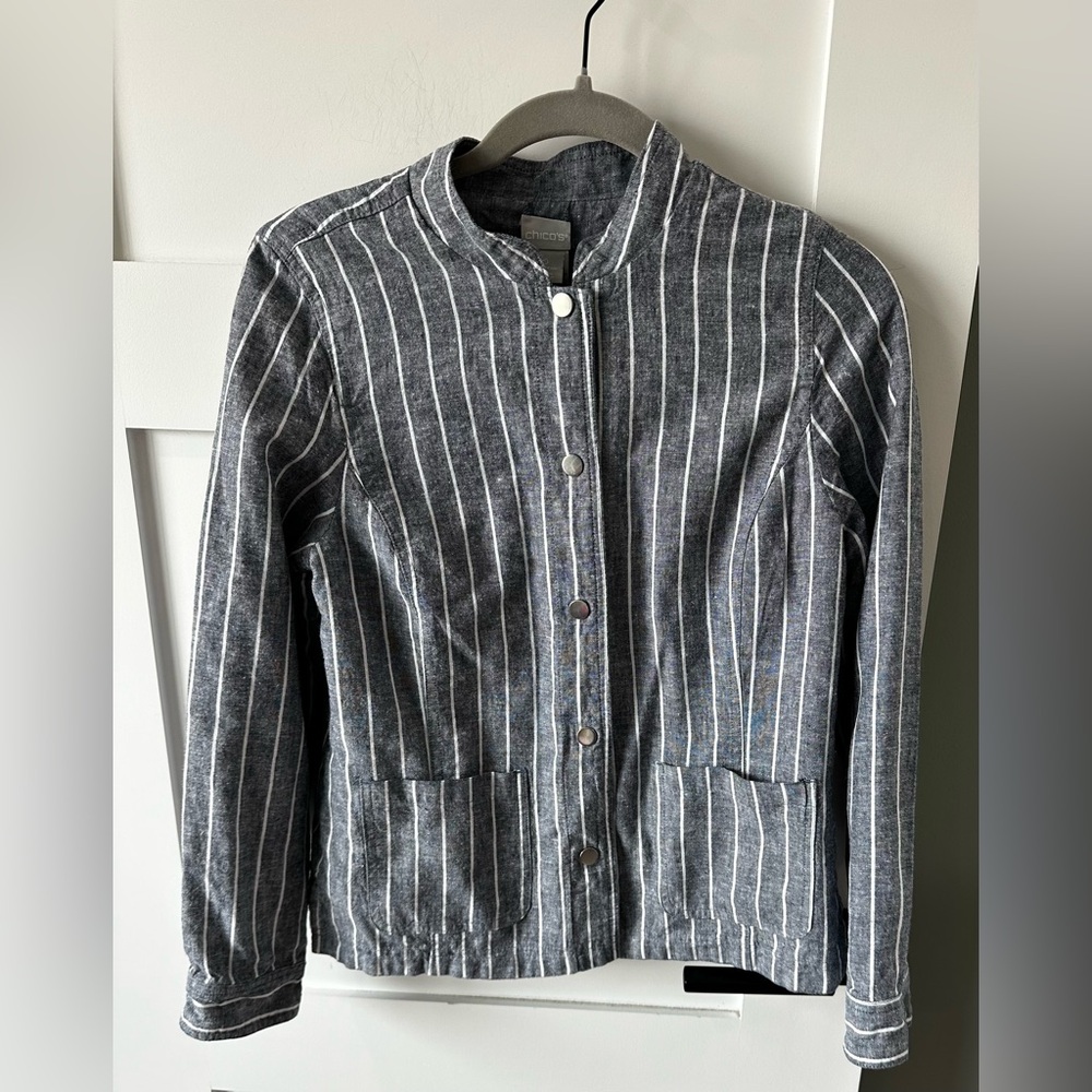 Chico's 0 S 4/6 Linen Reversible Indigo Blue/White Stripe Full Jacket Beachy